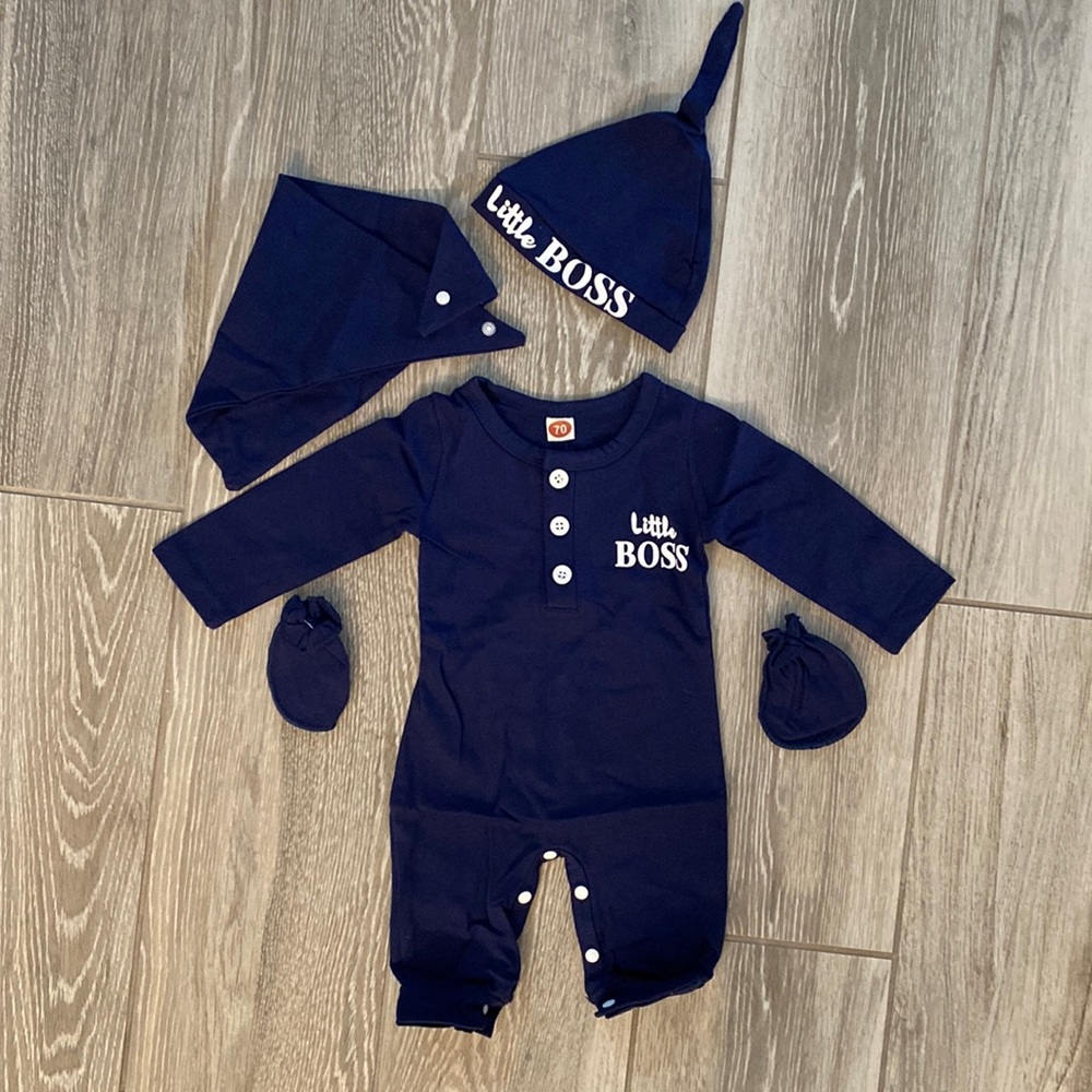 “Little Boss” blue baby onesie, mittens, bandana, and hat